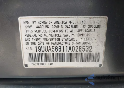 2001 Acura Tl 3.2 из США, поврежденный, VIN 19UUA56611A026532